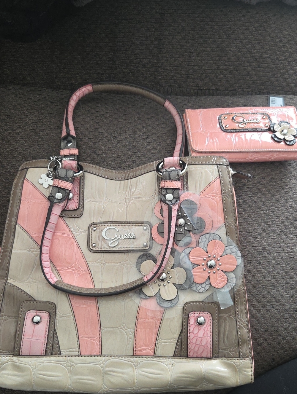 Vintage Guess Pink, Beige & Brown Floral Applique Tote